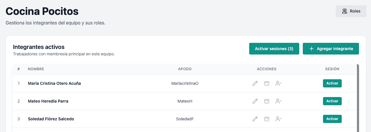 Captura de Swappy: gestión de equipos y personas