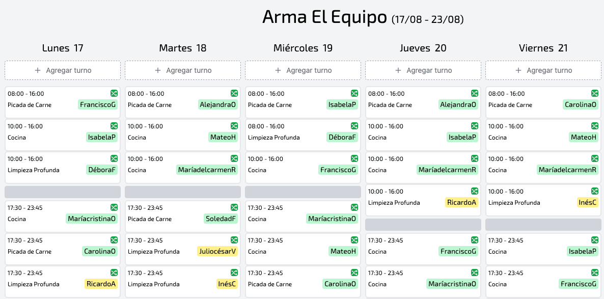 Captura de Swappy: planificación semanal de turnos por equipo